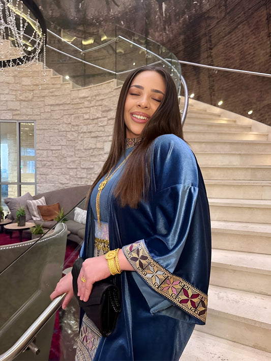 Amal Palestinian Tatrez Velvet Dress Set: Two-Piece Ensemble with Belt