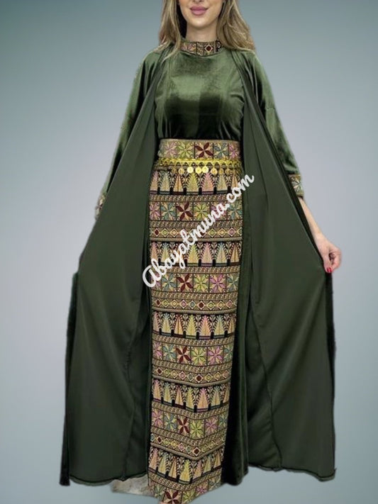 3 pieces Embroidery light velvet Bisht tatreez With Matching Dress