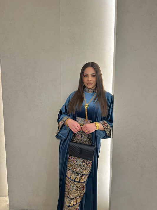 Amal Palestinian Tatrez Velvet Dress Set: Two-Piece Ensemble with Belt