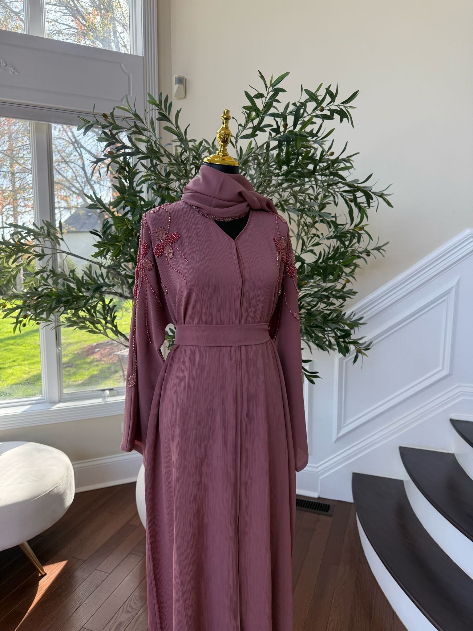 Rose Pink Beaded Abaya