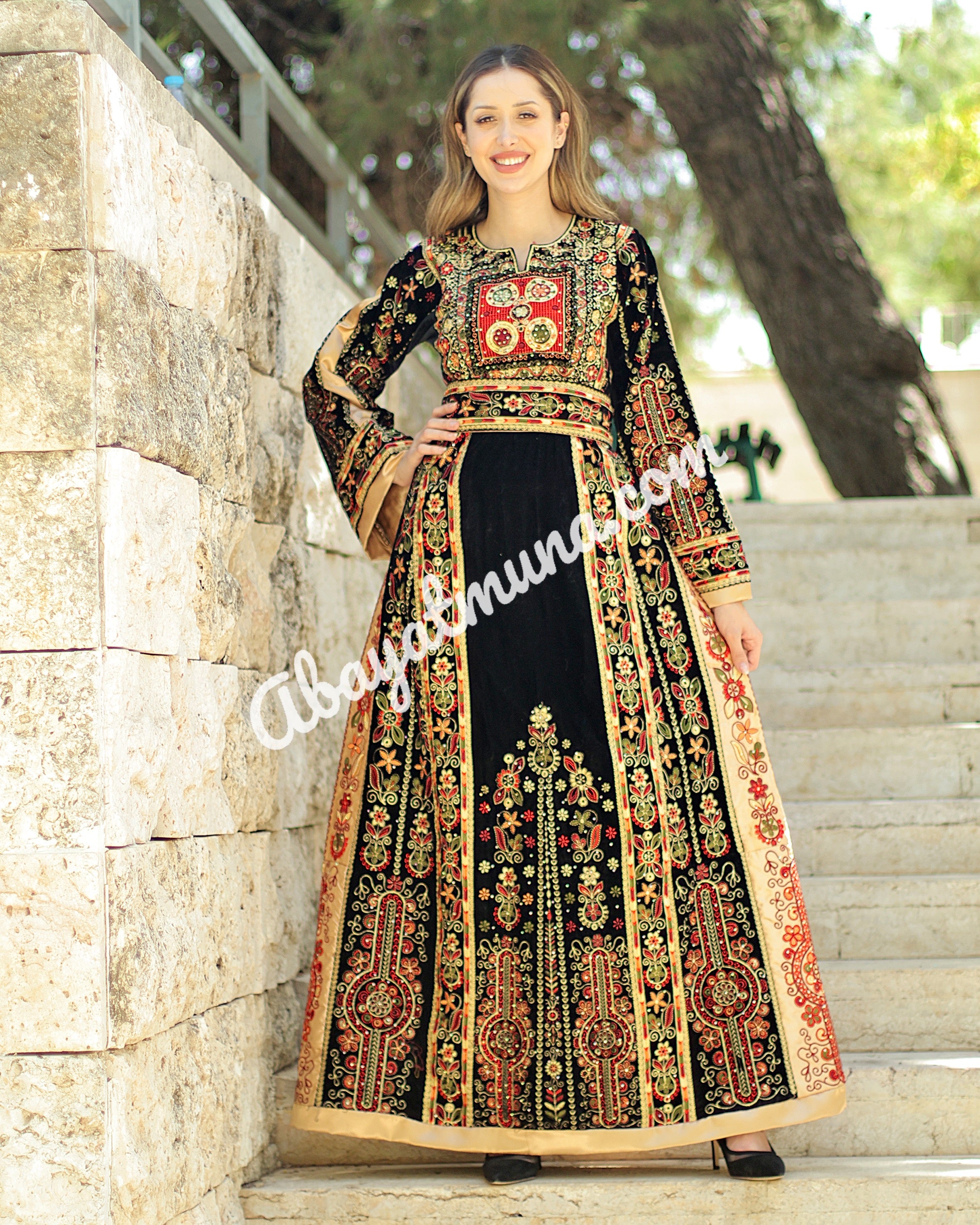 スーツ・フォーマル・ドレス Arobe  Flake Embroidery Tired Dress Black Velvet Malacca Embroidered Palestinian Fellahi Thobe #A7621