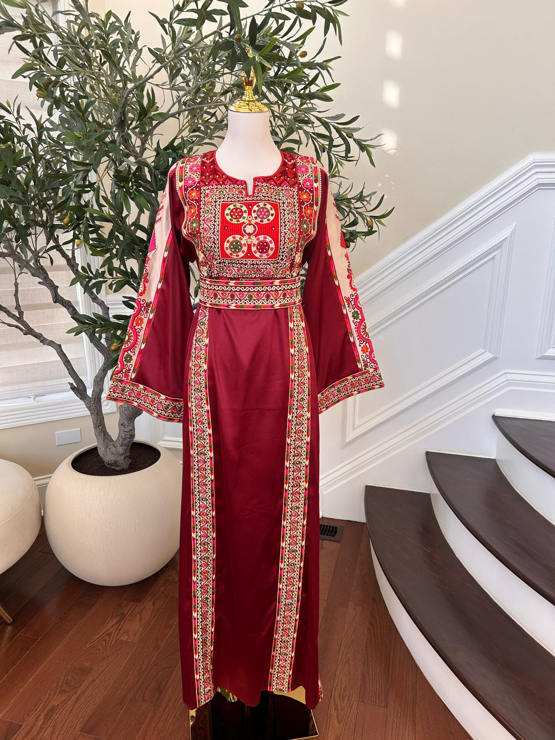 Red Embroidery Tatreez Satin Thobe