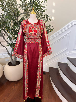 Red Embroidery Tatreez Satin Thobe