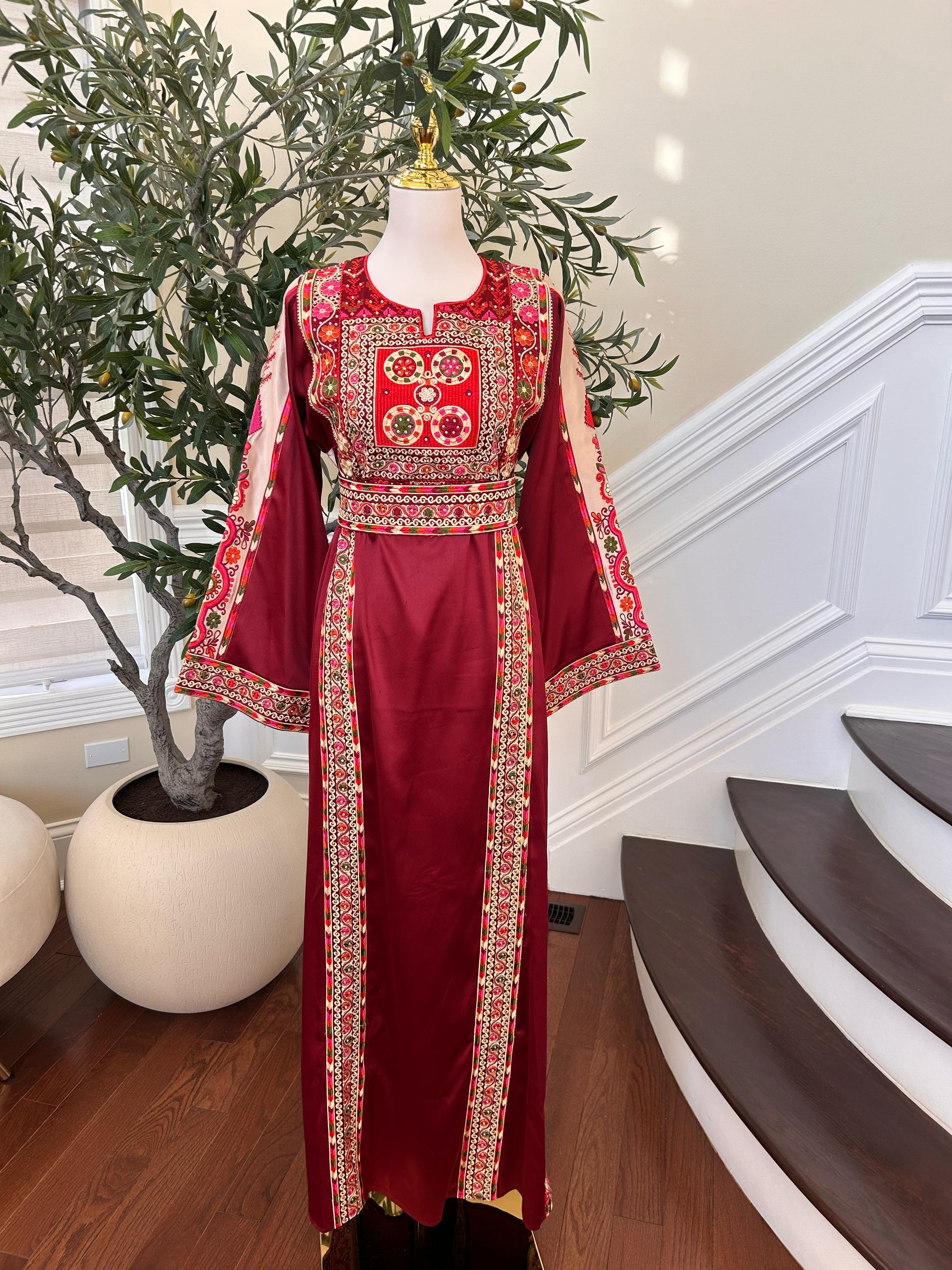 Red Embroidery Tatreez Satin Thobe