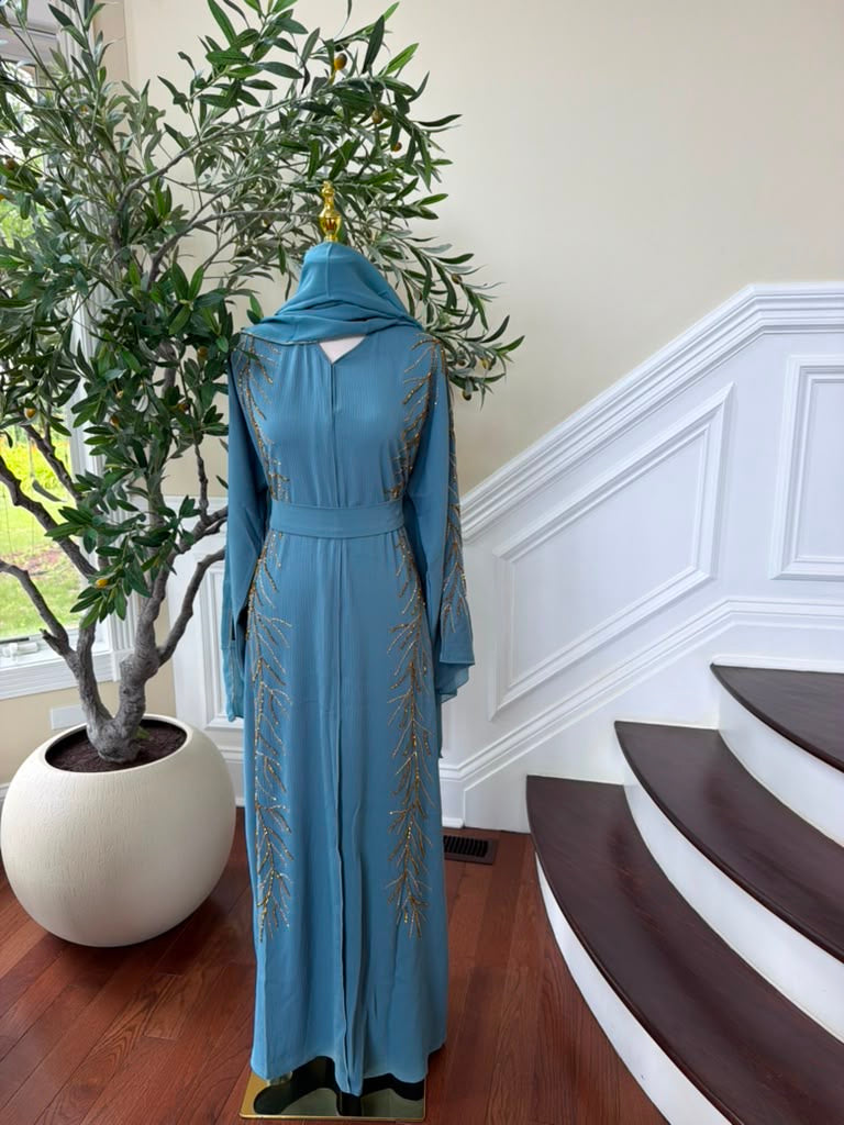 Golden Blue Design Charm Abaya