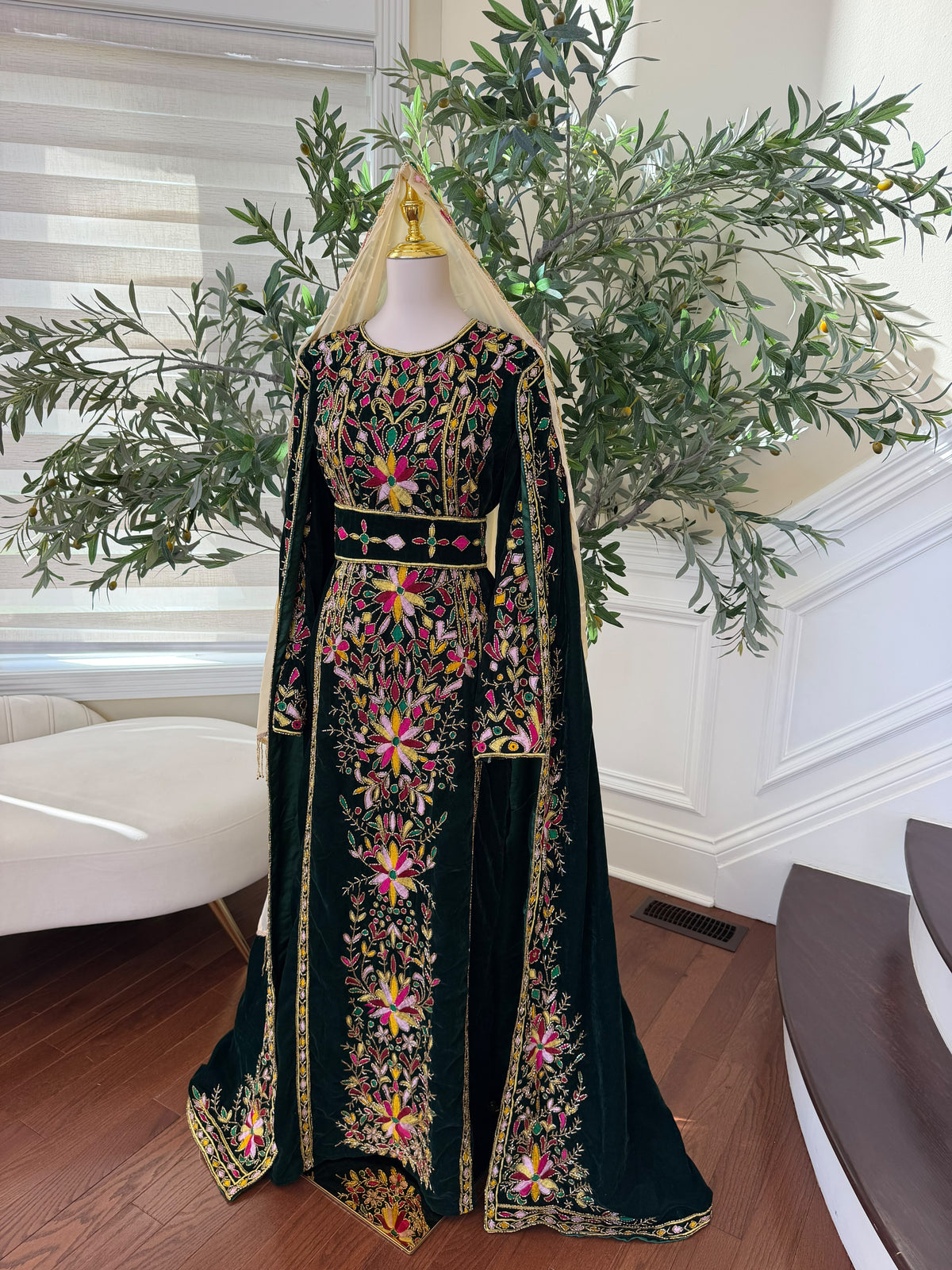 Elegant Black Palestinian Thobe with Colorful Floral Embroidery and Detachable Shoulder Cape (scarf not included)