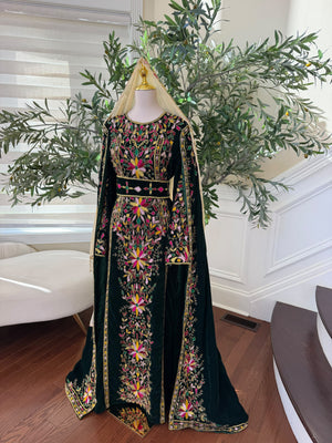 Elegant Black Palestinian Thobe with Colorful Floral Embroidery and Detachable Shoulder Cape (scarf not included)