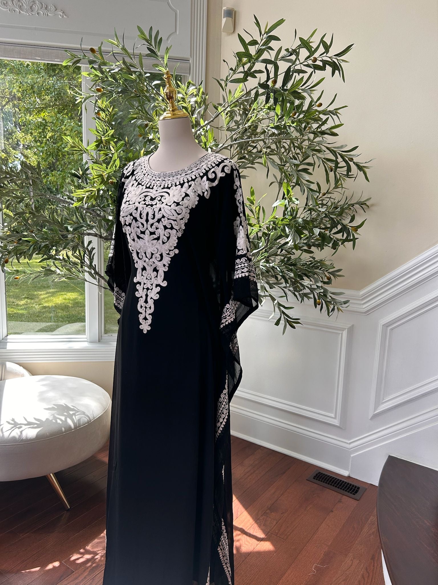 Luxury Black Embroidered White Detail Kuftan Dress