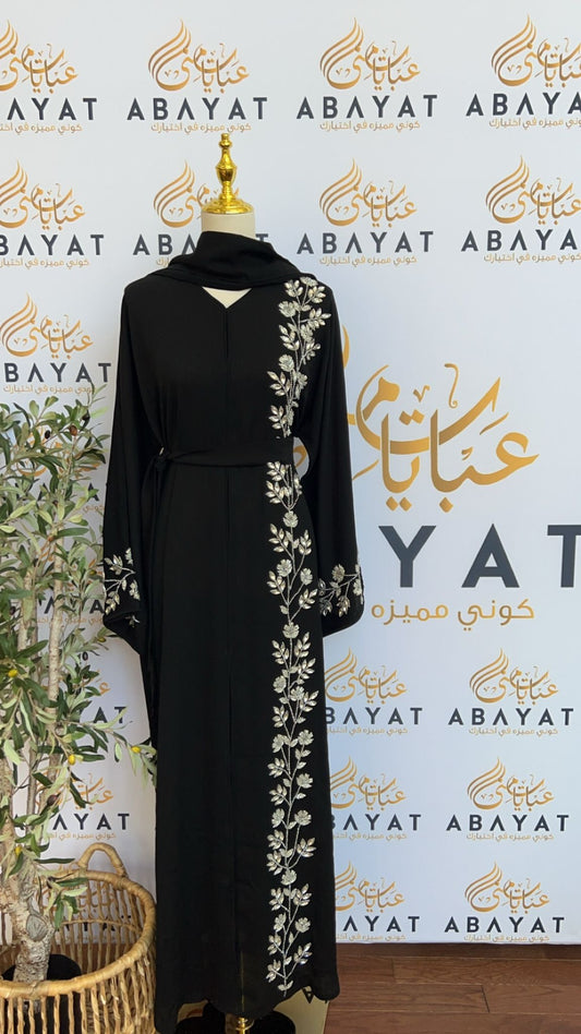 White Floral Black Abaya