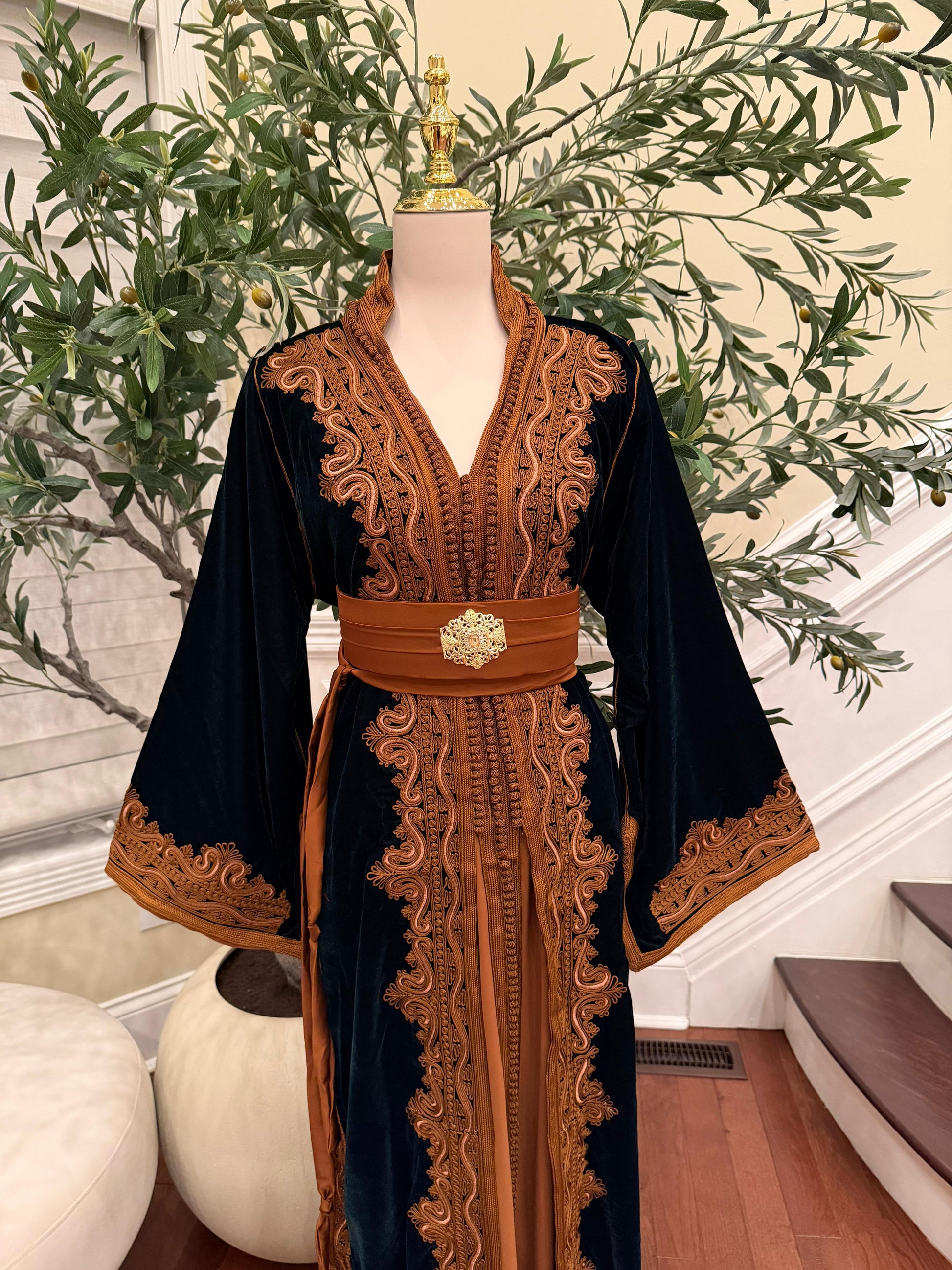 Forest Emerald Green Whisper Velvet Kuftan Brown Embroidery