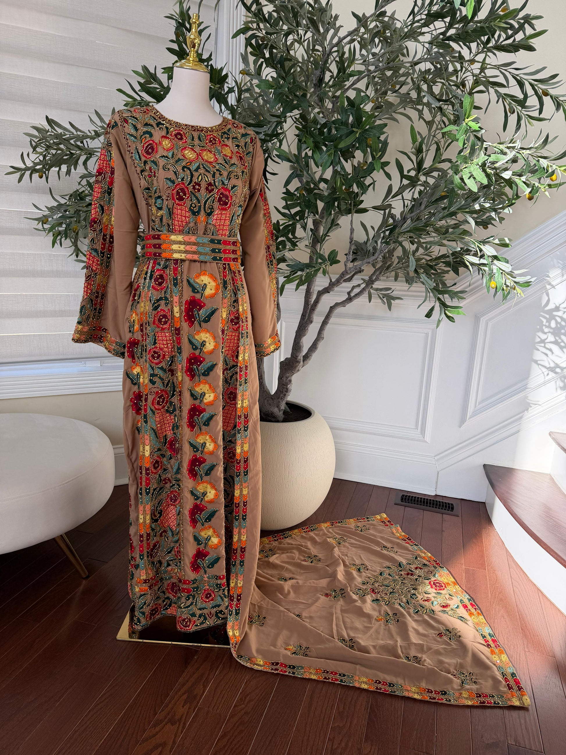 Tan Luxury Heavy Beaded Velvet Thobe