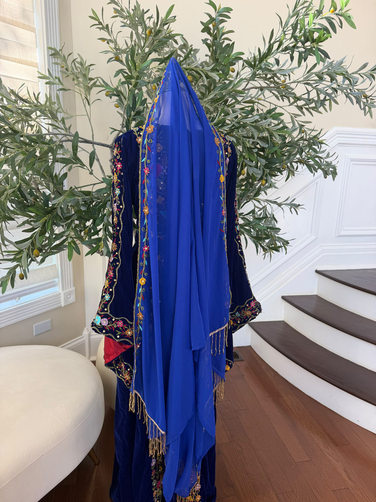 Royal Blue Sheer Shawl with Colorful Floral Embroidery and Gold Fringe
