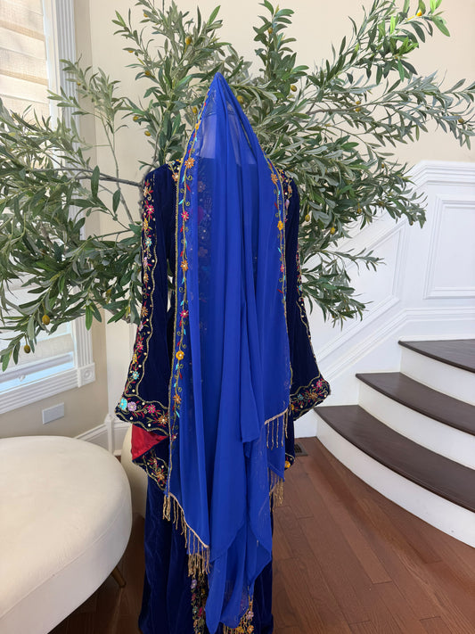 Royal Blue Sheer Shawl with Colorful Floral Embroidery and Gold Fringe