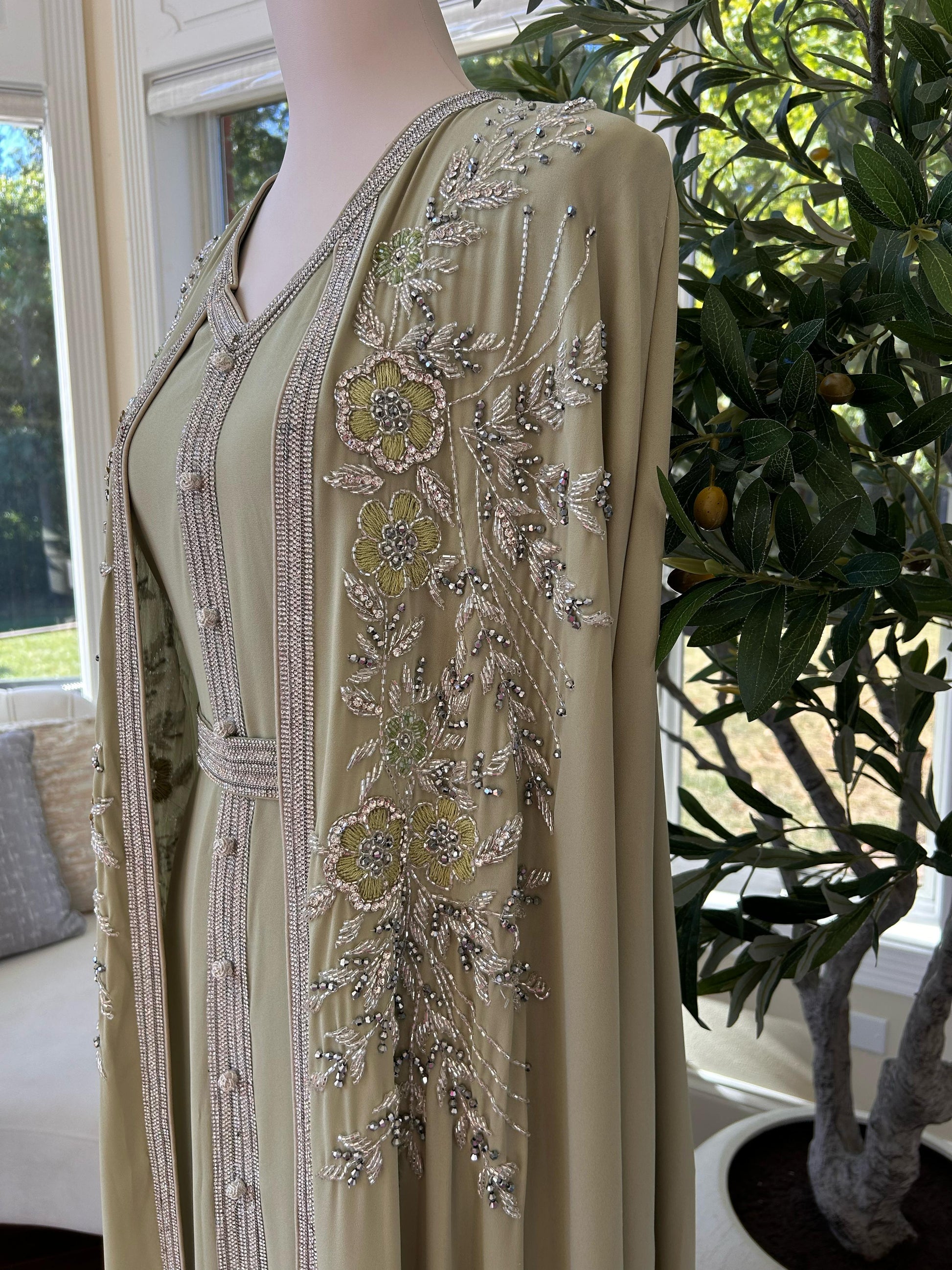 Light Green Floral Kuftan Elegance