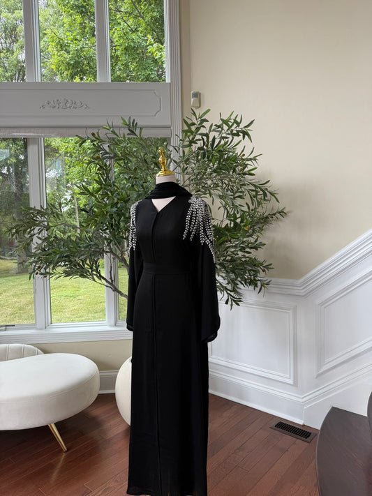 Black Sleeve Stone Charm Abaya