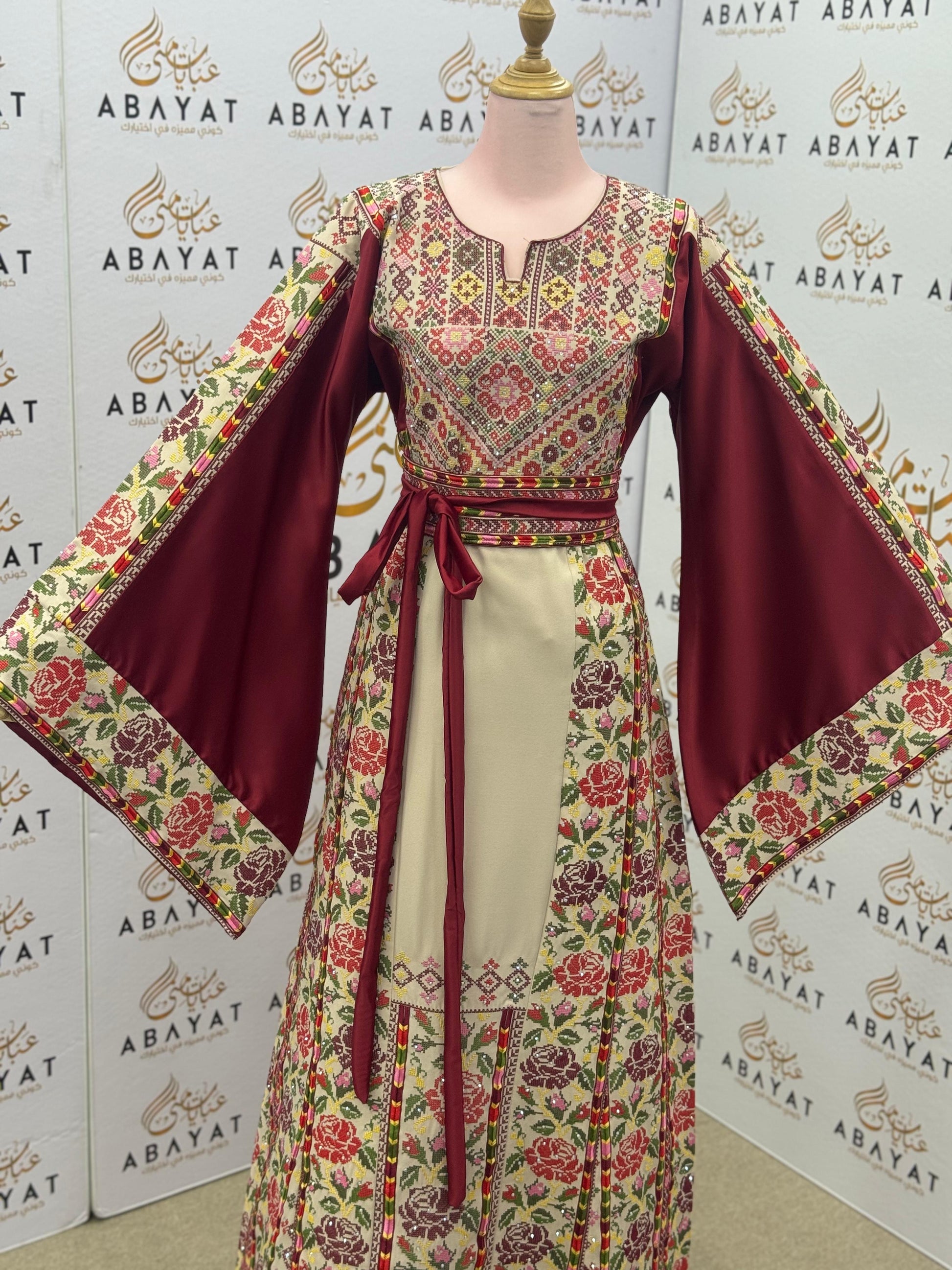 Burgundy & Cream Palestinian Embroidered Thobe | Floral Heritage Design A09052025