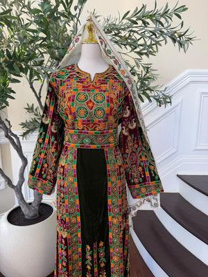 Elegant Black Velvet Thobe with Vibrant Multicolor Traditional Embroidery(scarf not included)