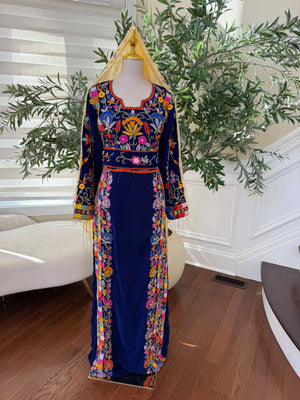 Royal Blue Velvet Palestinian Thobe with Colorful Floral Embroidery – Scarf Not Included