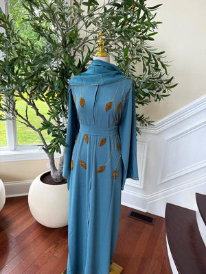 Golden Sky Blue Beaded Abaya