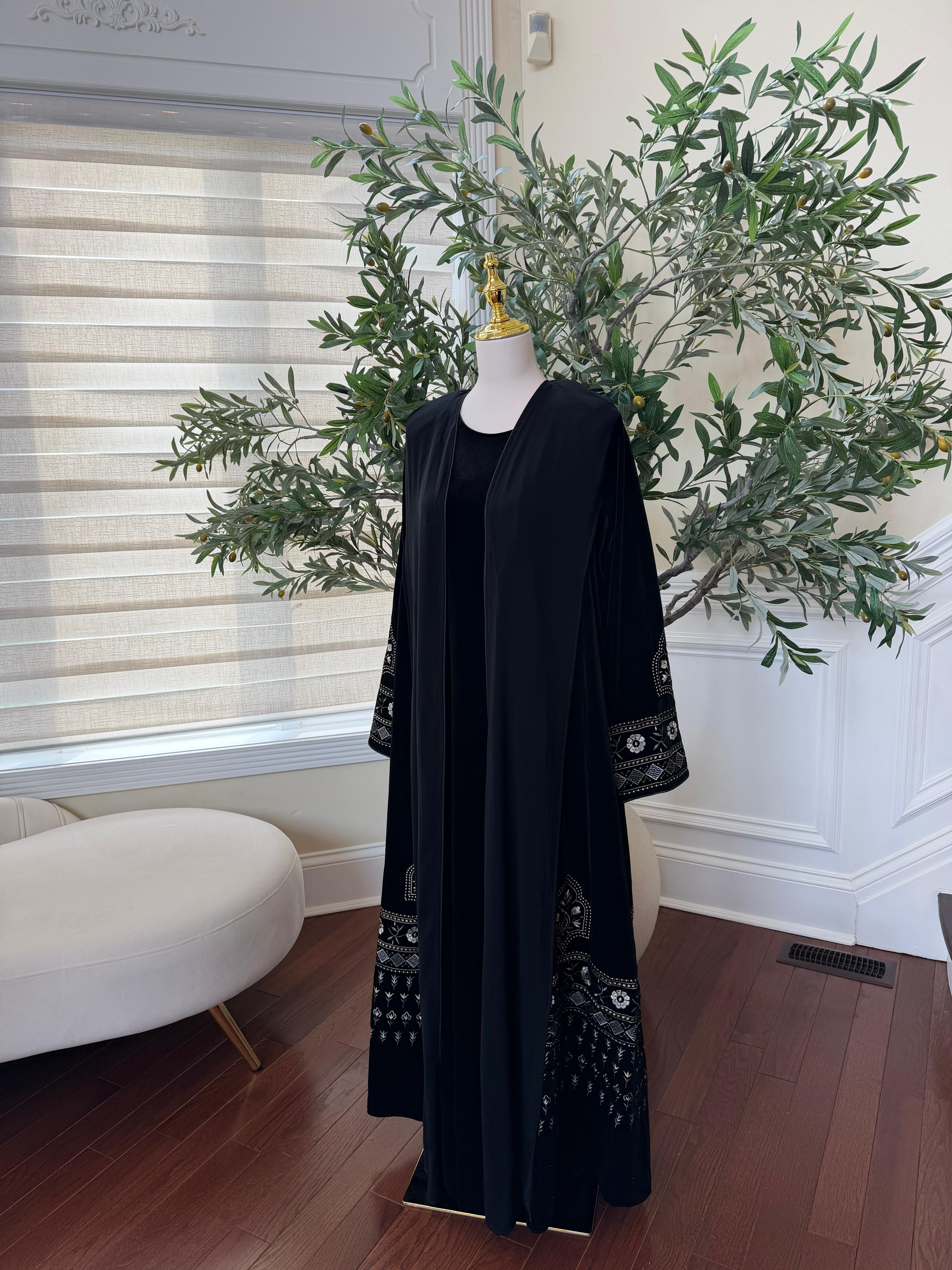 Black Velvet with Chiffon Embroidery Abaya Dress