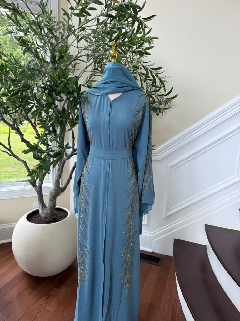 Golden Blue Design Charm Abaya