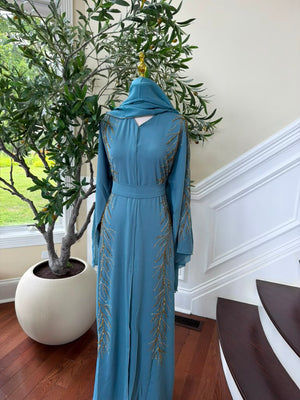 Golden Blue Design Charm Abaya
