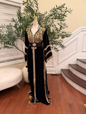 Midnight Black Royale Velvet Kuftan with Golden Embellished Detail