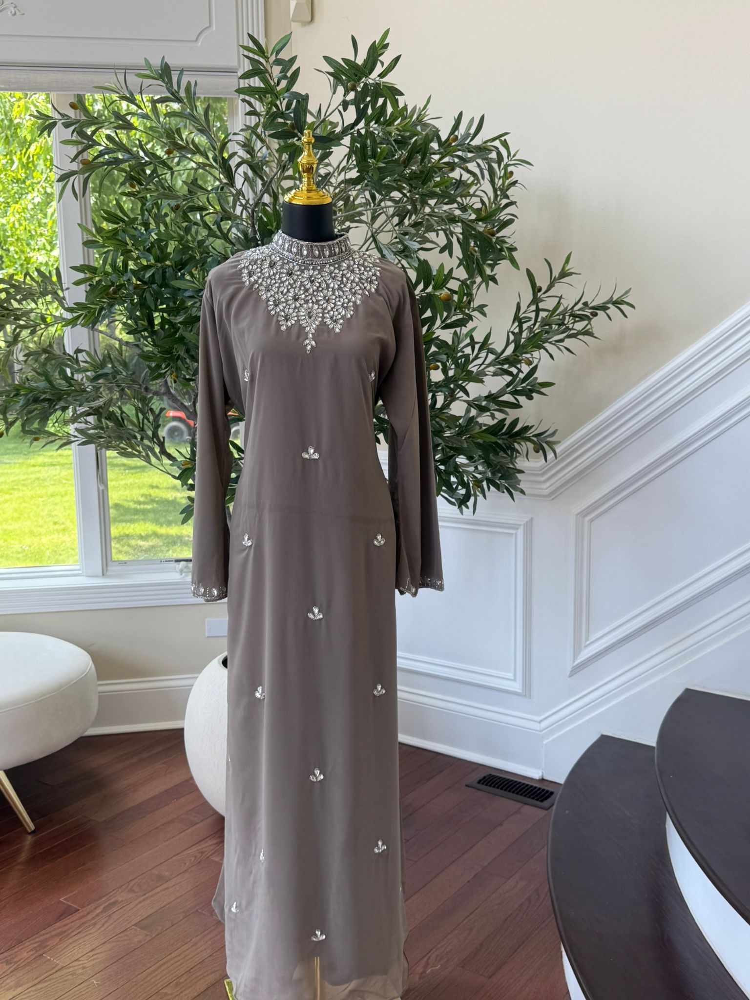 Taupe Gemstone Collar Maxi Dress