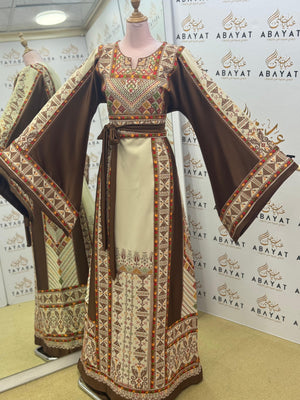 Luxury Palestinian Embroidered Thobe – Brown Traditional Design