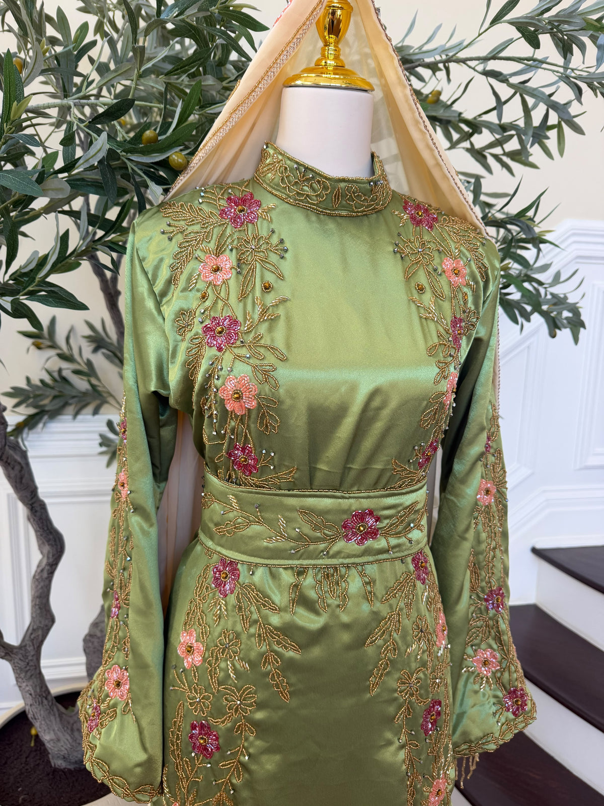 Elegant Sage Green Satin Thobe with Pink Floral Embroidery, Gold Detailing, and Matching Belt( scarf not included)