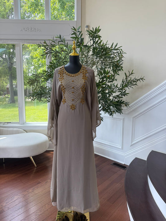 Taupe Beaded Kuftan Maxi Dress