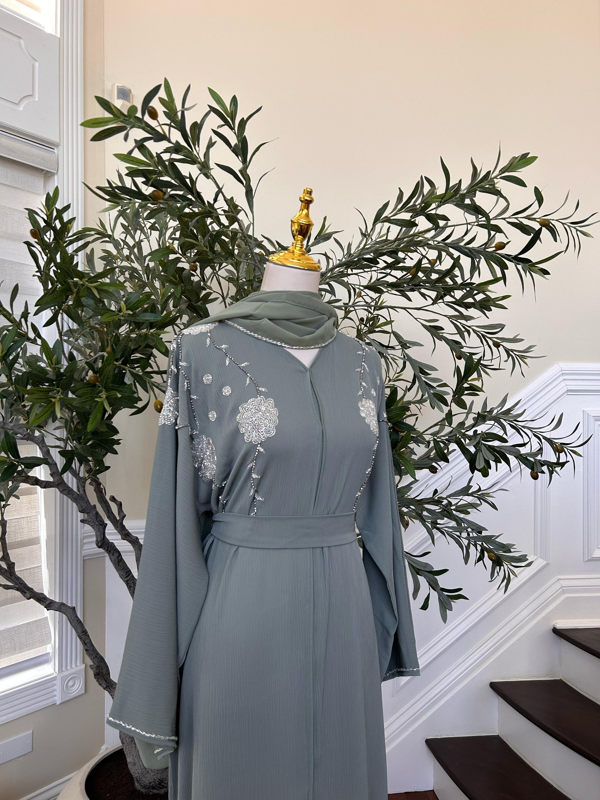 Mint Green Charm Beaded Abaya