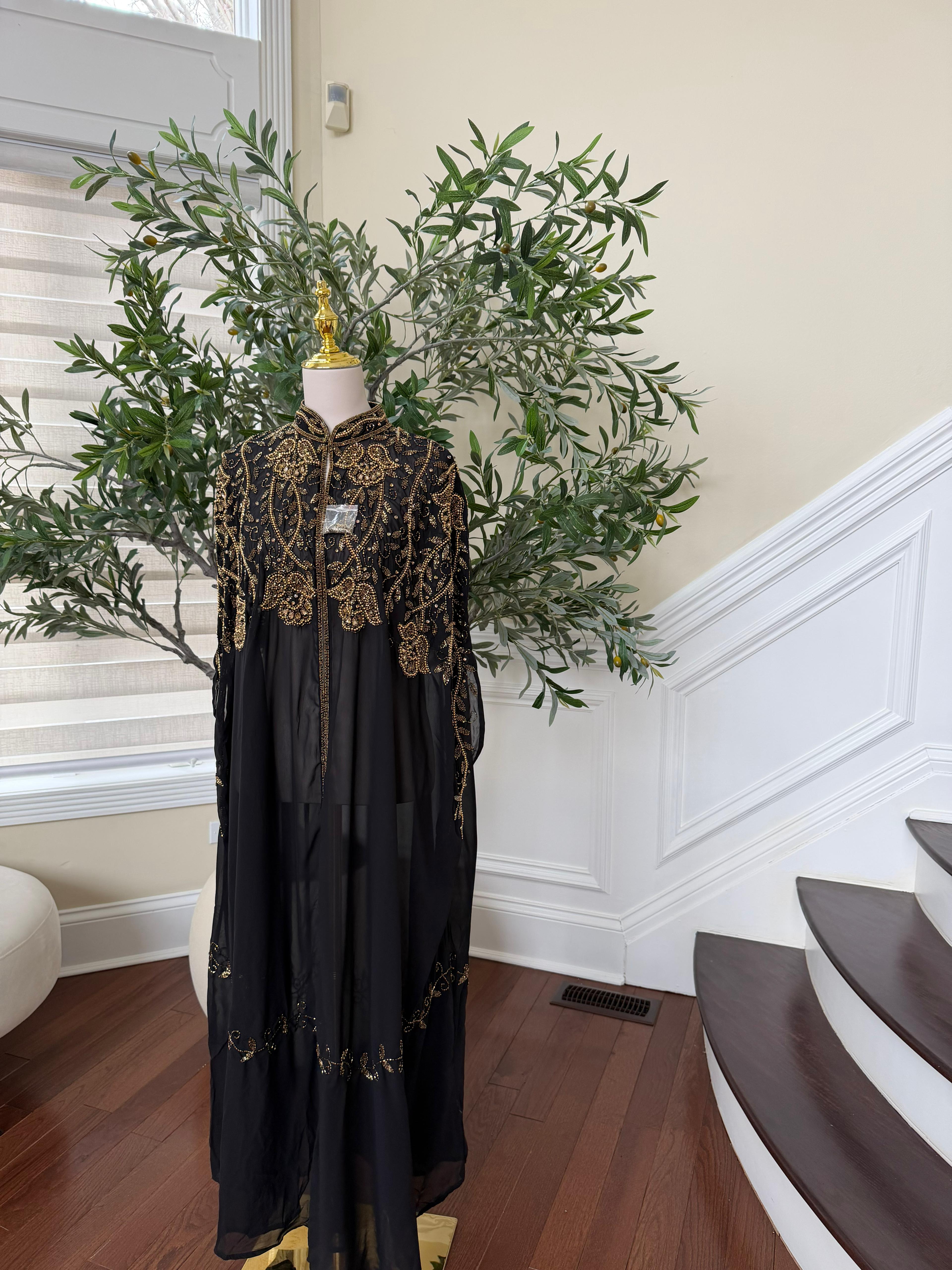 Golden Black Stone Beaded Cardigan Abaya