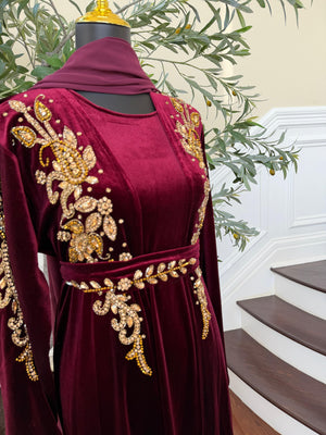 Velvet Red Crystal Beaded Two Peice Abaya