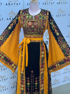 Premium Palestinian Malakah Thobe – Bright Mustard & Black Embroidery