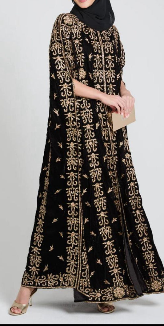 Elegant Black Velvet Golden Beaded Button Cardigan Abaya