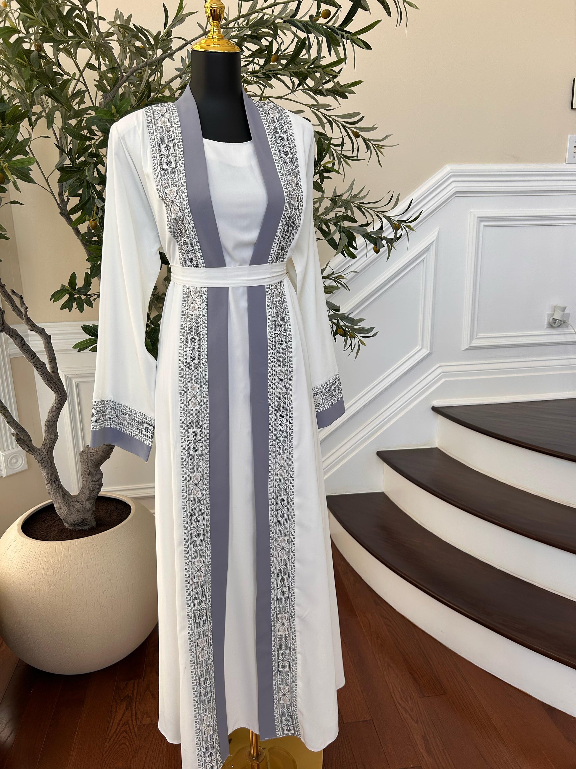 White And Grey Tatreez Beaded Two Piece Abaya