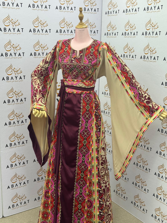 Burgundy & Beige Palestinian Embroidery Thobe – Colorful Geometric Elegance A09092025