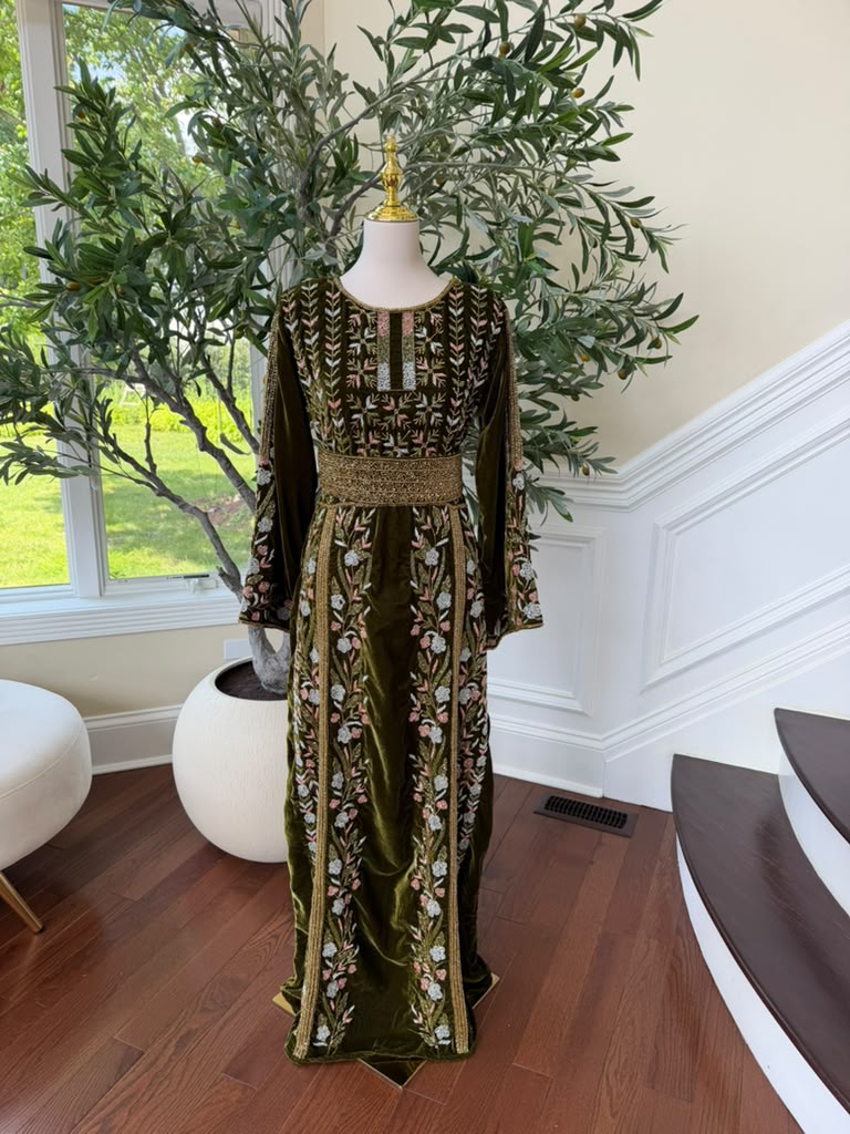 Velvet Olive Green Beaded Stone Thobe