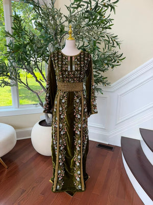 Velvet Olive Green Beaded Stone Thobe