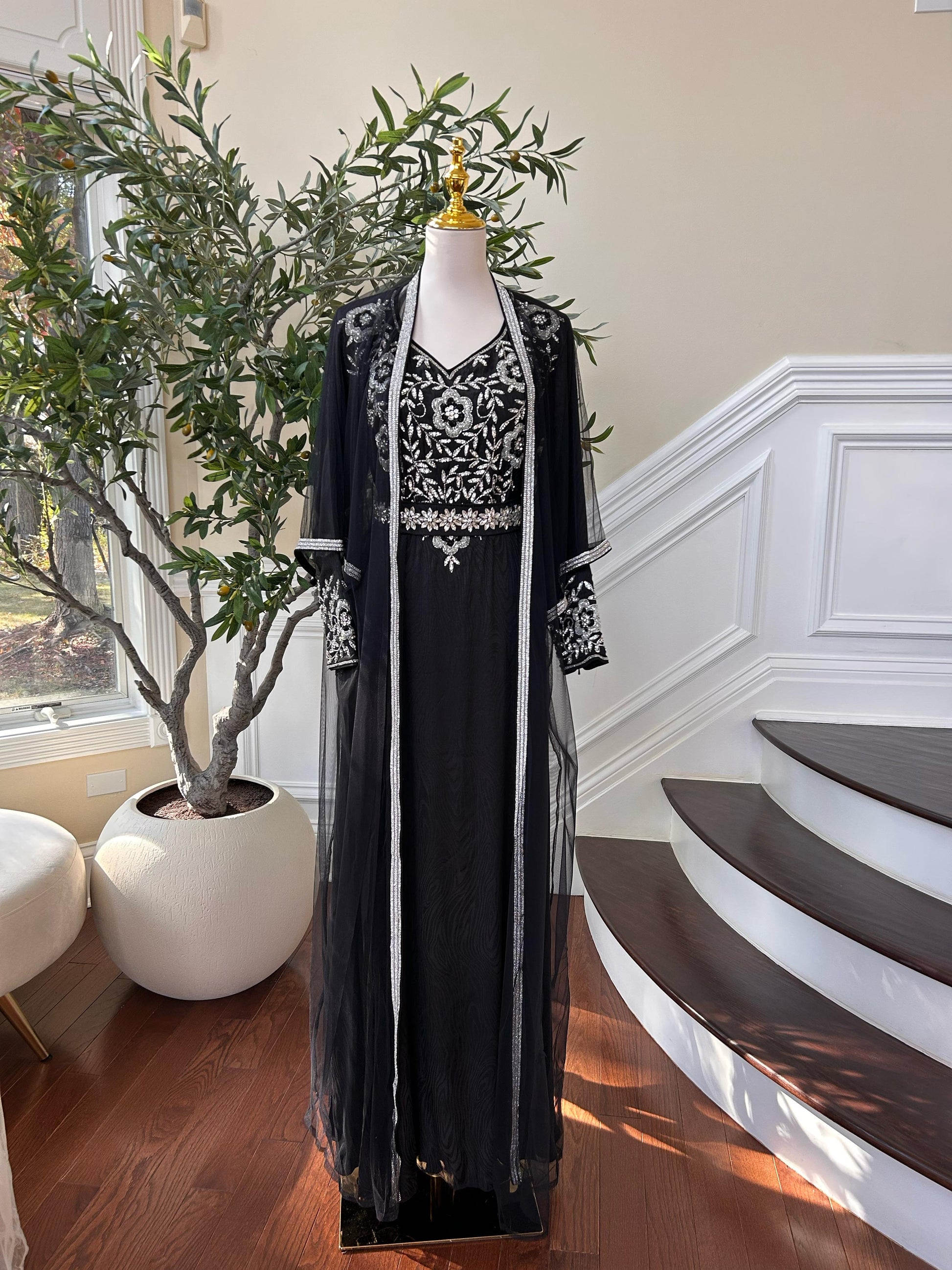 Black Silver Stone Beaded Kuftan