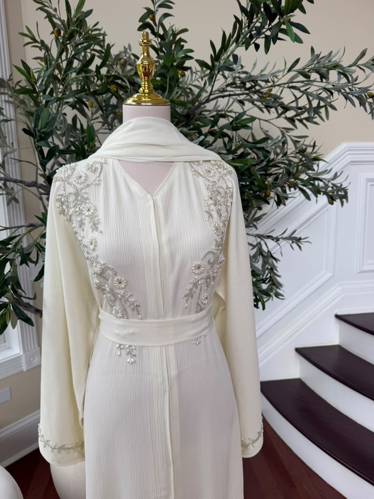 Off White Charm Beaded Floral Abaya