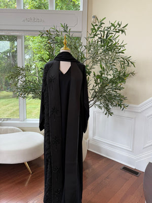 Black Serenity Abaya – Feather Accent with Beaded Floral