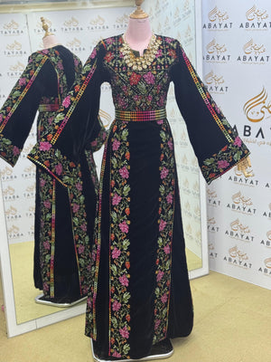 Luxury Black Velvet Thobe – Multicolor Floral Tatreez Design
