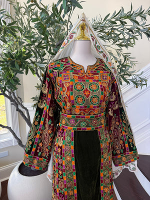Elegant Black Velvet Thobe with Vibrant Multicolor Traditional Embroidery(scarf not included)