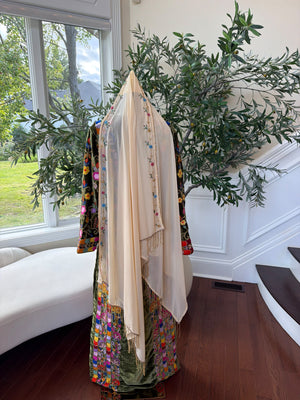 Elegant Cream Sheer Scarf with Delicate Beaded Embroidery and Gold Fringe
