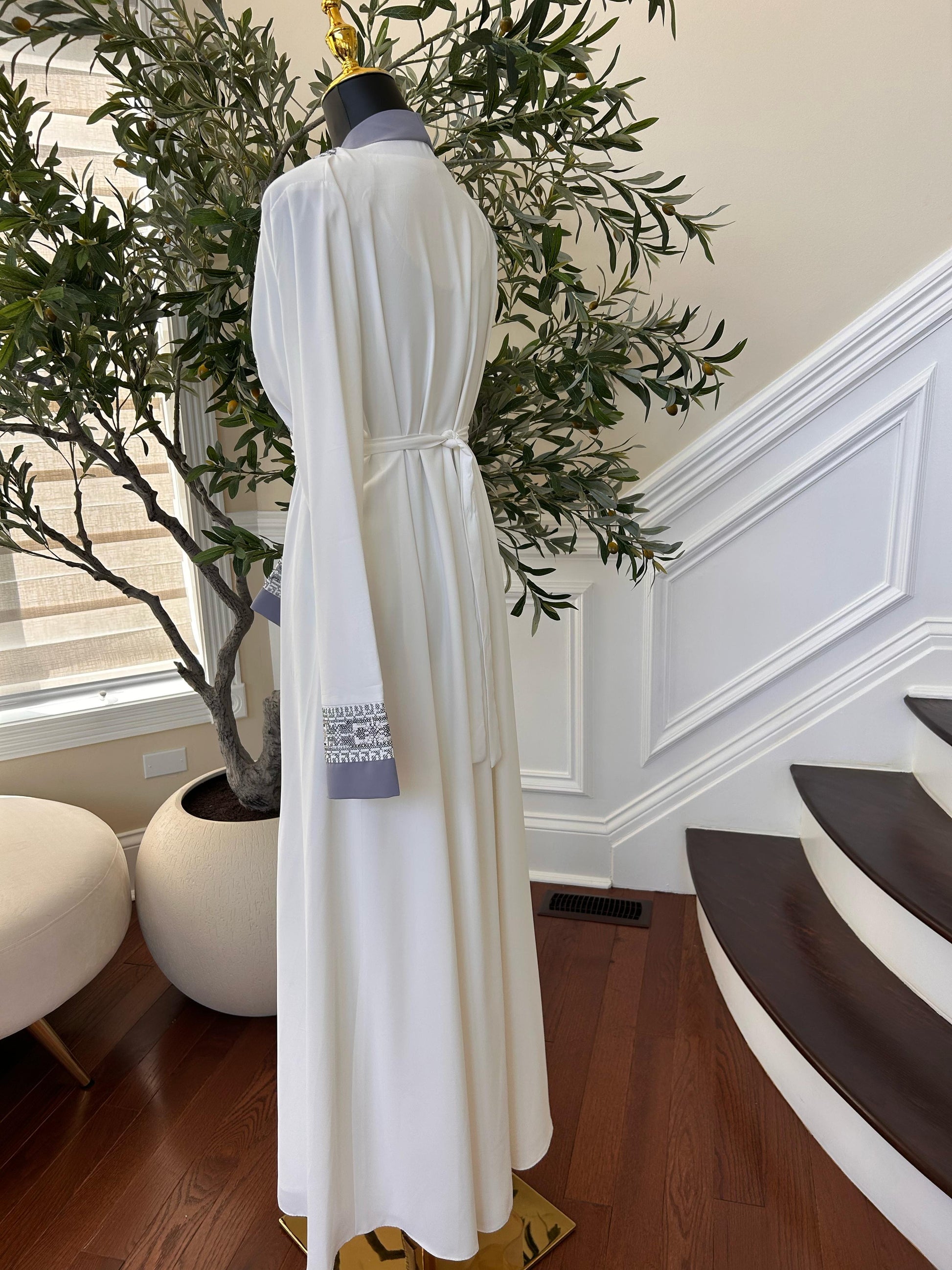 White And Grey Tatreez Beaded Two Piece Abaya