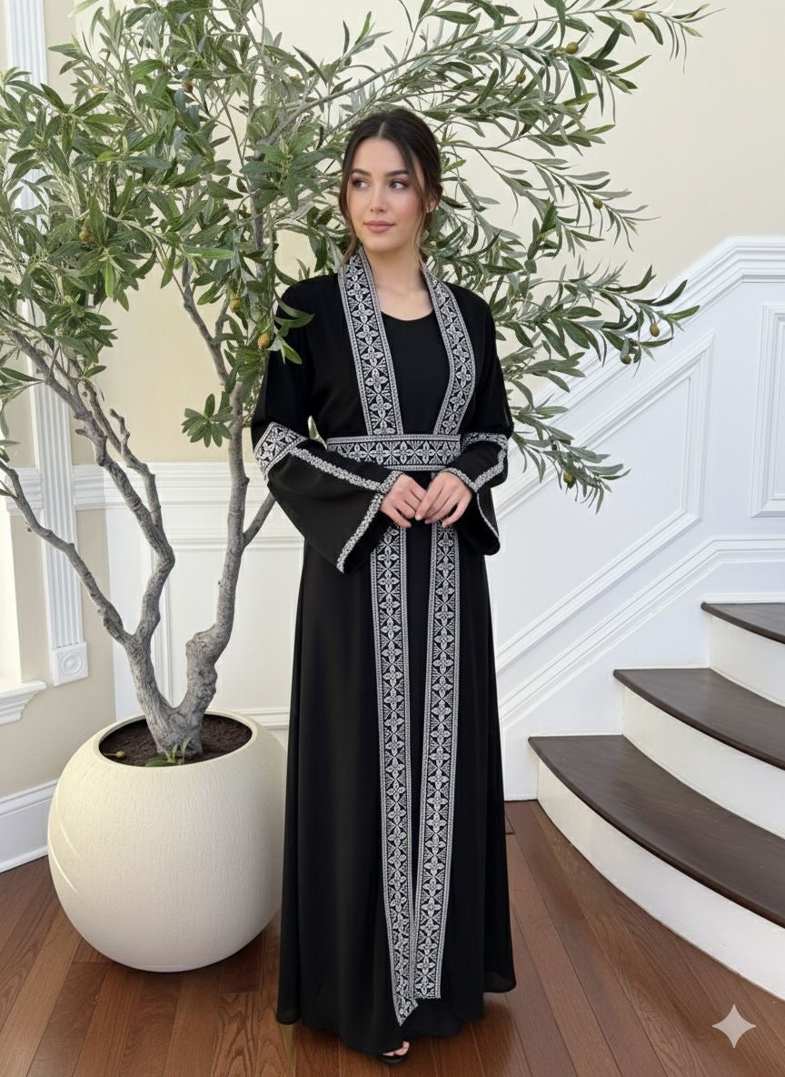 Black Two Piece Silver Embroidered Thobe