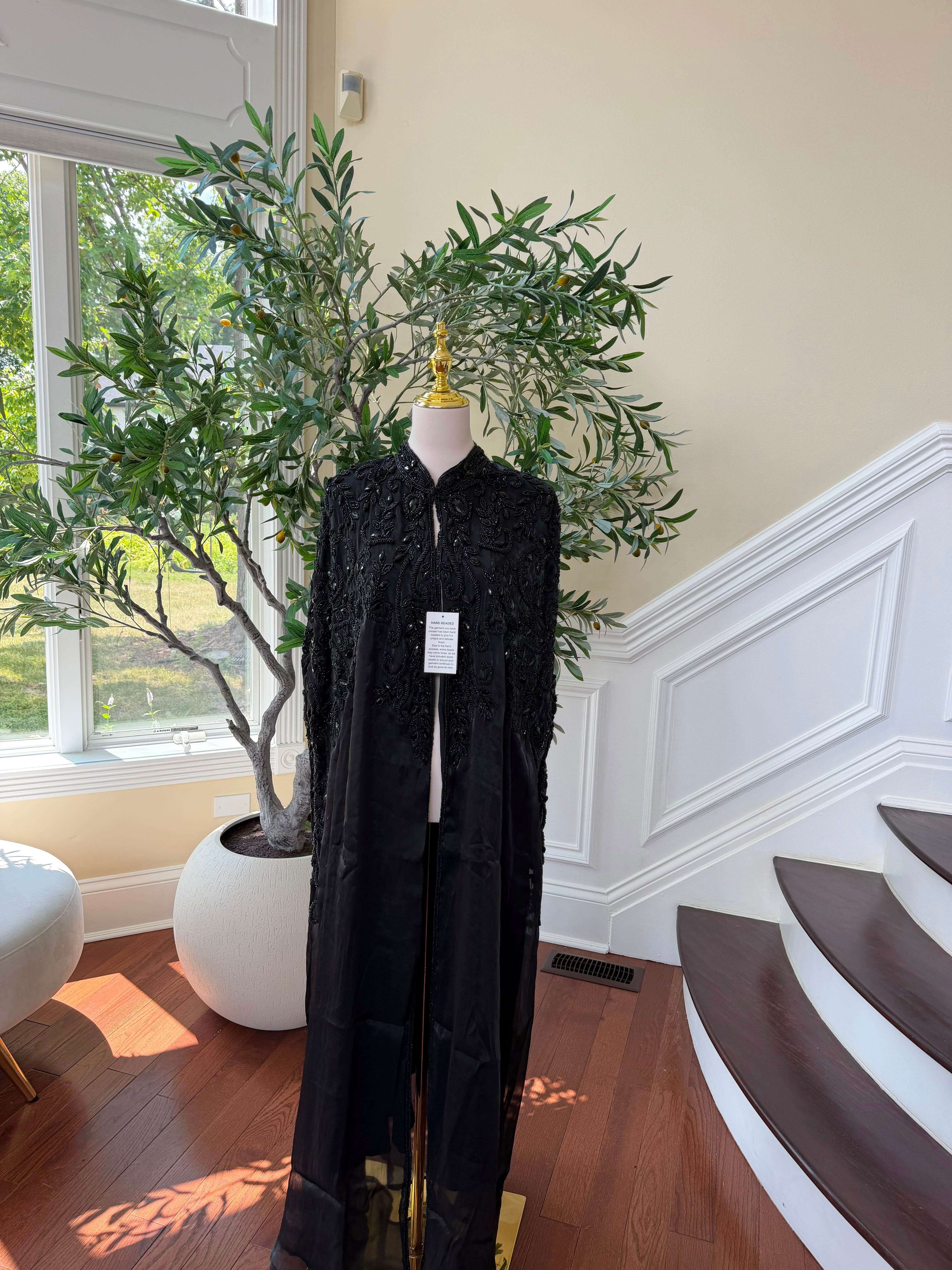 Black Beaded Elegance Cardigan Abaya