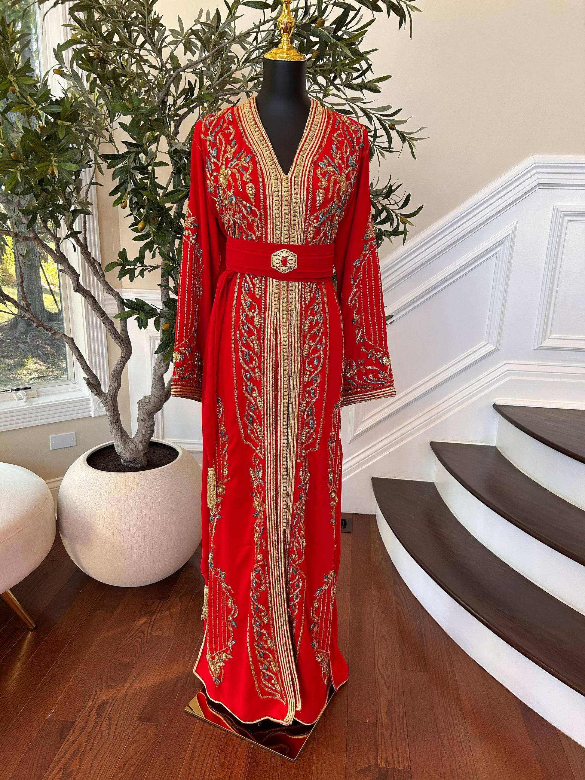 Red Embellished Golden Kuftan